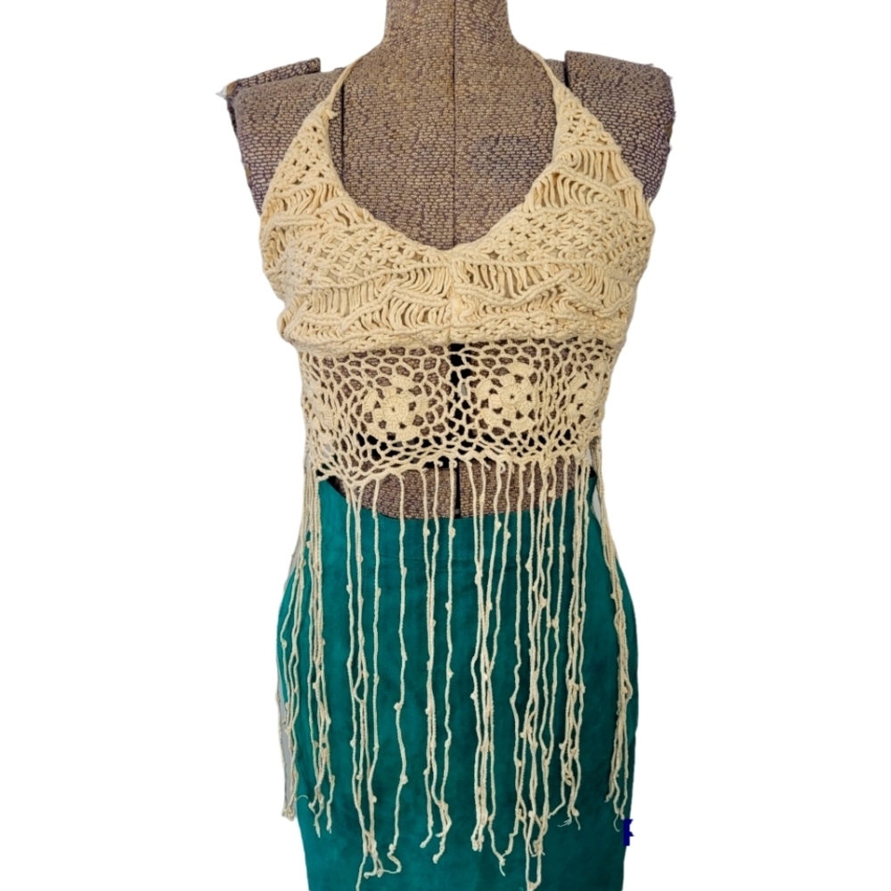 Ecoté cream crochet crop top with fringe